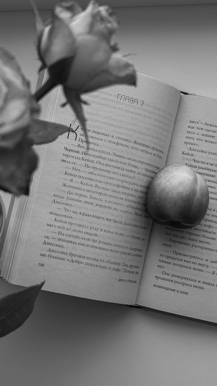 services-02 Elegant black and white still life with an open book, apple, and roses.