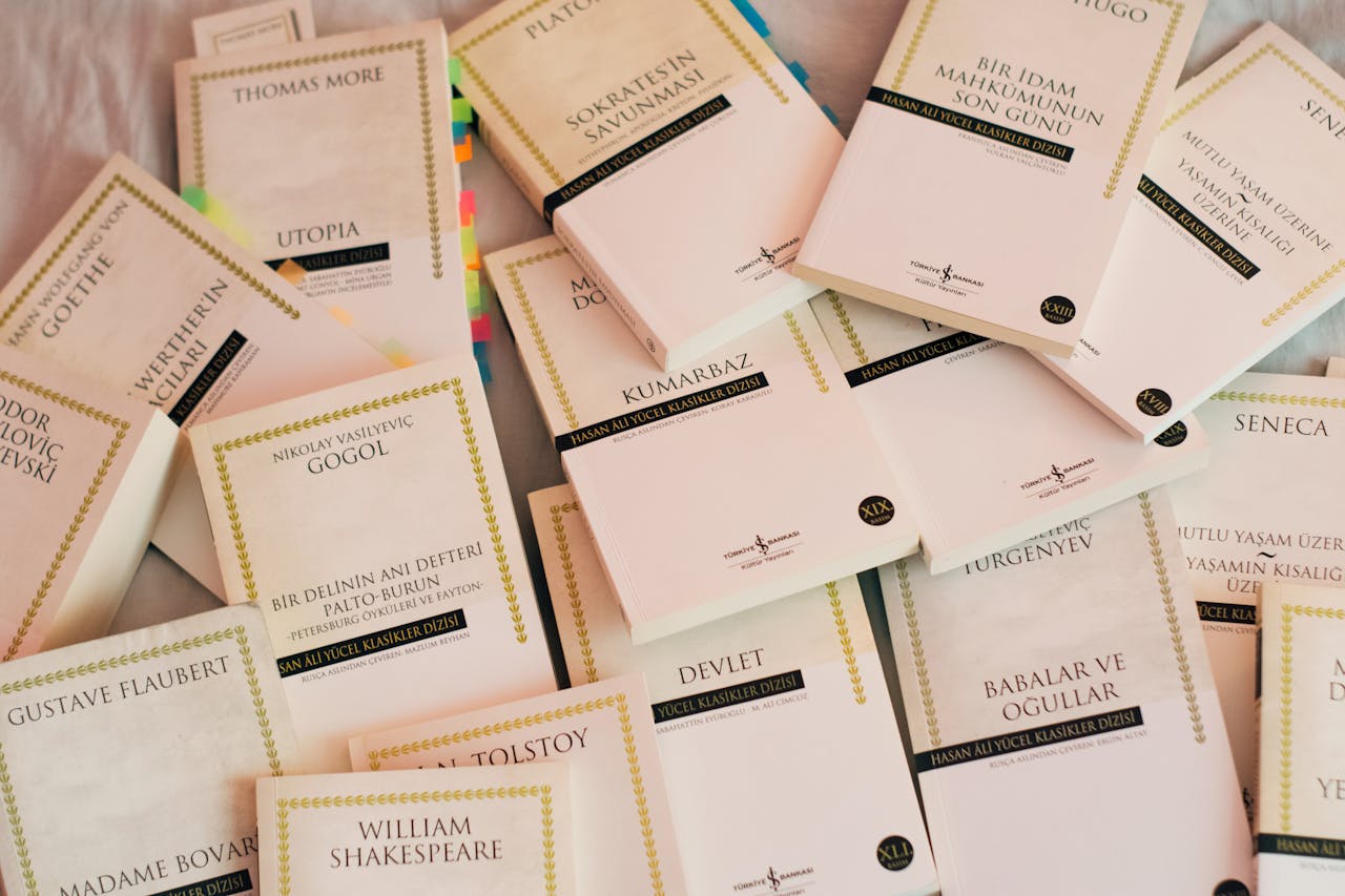 services-01 An assortment of classic literature books with various famous titles displayed.